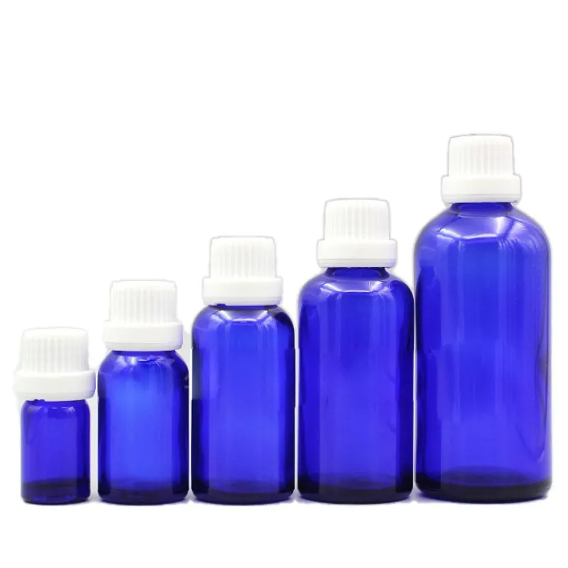 

5ml,10ml,15ml,20ml,30ml,50ml,100ml Blue Glass Bottles White Big Head Tamper proof Cap Empty Essential Oil Bottles Vials
