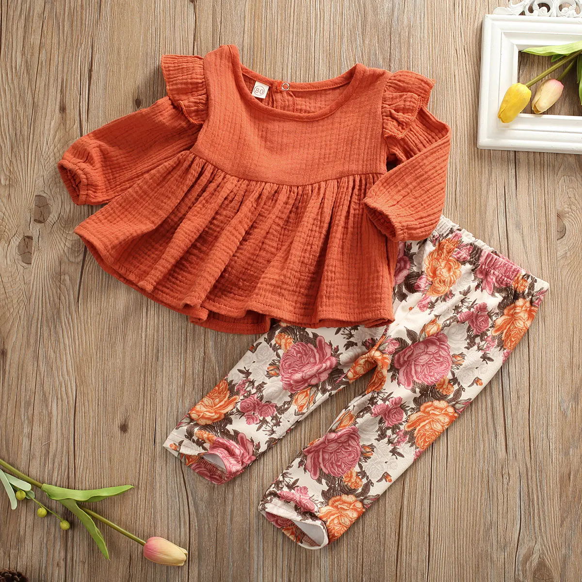 2pcs Newborn Baby Girl Clothes Sets Ruffles Long Sleeve T Shirt Top Flowers Print Pants Leggings Outfits Clothes