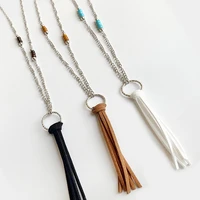 suede tassel pendant necklace silver color turquoise wood beaded long chain bohemian style fashion jewelry wholesale