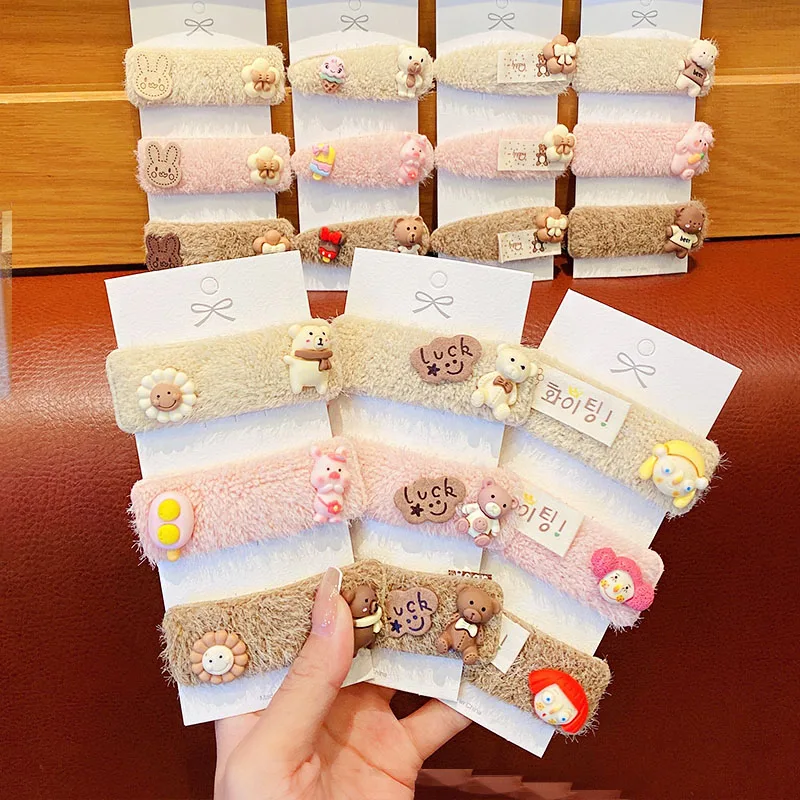 3 шт./компл. новые милые плюшевые заколки для волос с мультяшным рисунком девочек