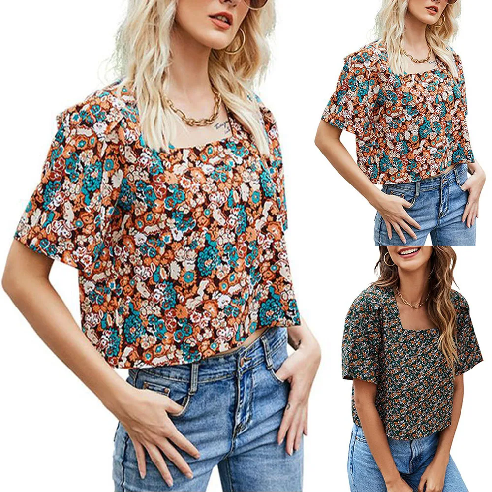 

Summer Fashion Vintage Printed Loose and Simple T-shirt Casual Beach Holiday Women Square Collar Sexy Tops Woman Ladies