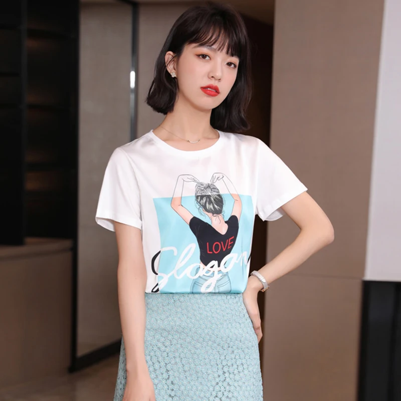 

New Fashion Temperament Summer Mulberry Silk T-shirt 2021 Round Neck Silk Short-sleeved Female Printed Satin Casual Top GL212