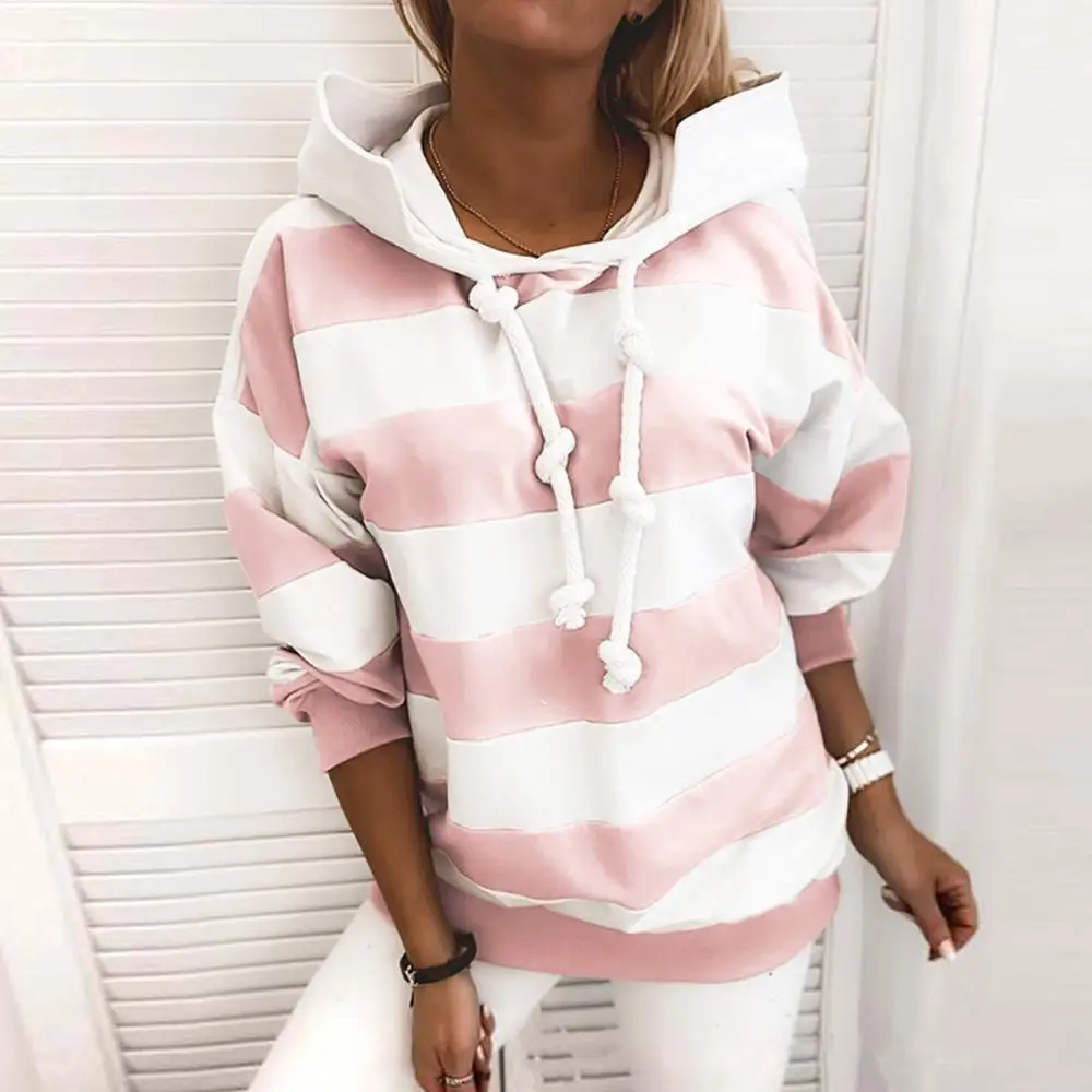 

Female Autumn Long-sleeve Striped Hooded Sweatshirt Loose Leisure Women Pullover Comforta Sweatshirt Blouse Hooded Clothing X0F5