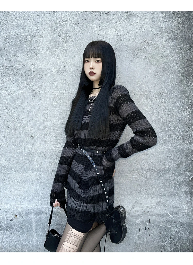 Осенне-зимний Готический Популярный Топ Harajuku с черным рваным подолом для девушек