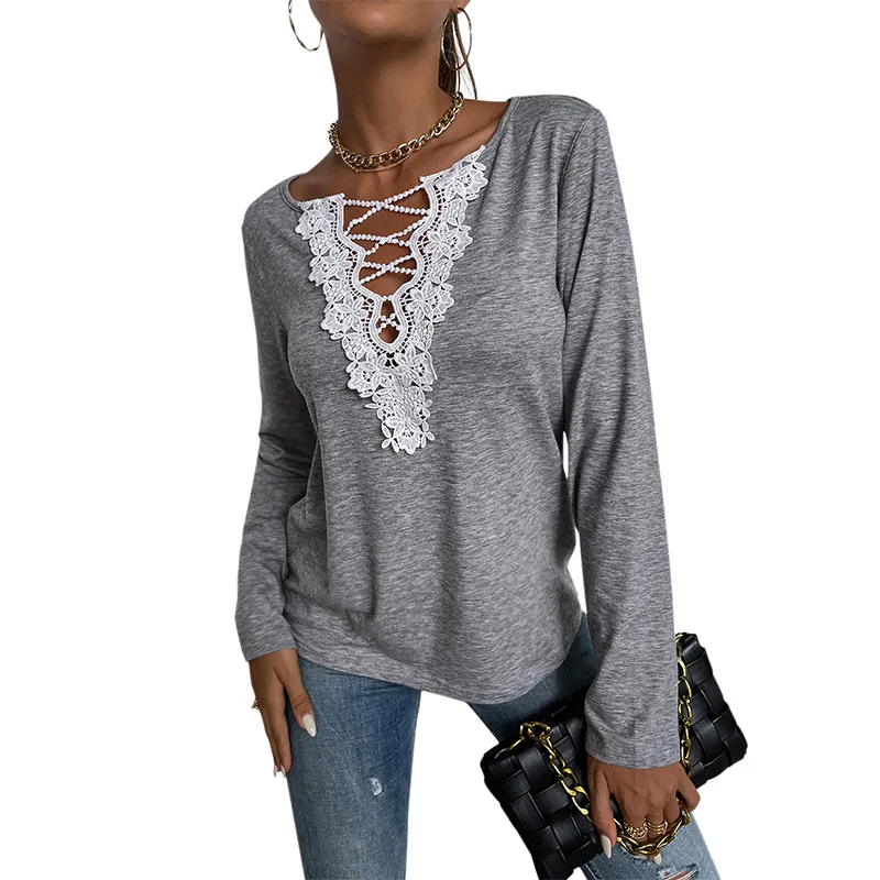 

2021 Autumn and Winter European and American Women's Loose Long-sleeved Tops V-neck Pullover Solid Color Casual T-shirt Women