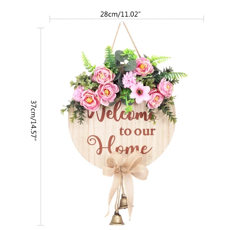 

Greeting Sign Flower Garland Front Door Wooden Hanging Wreath with Bell Porch Rustic Hanger for Home Farmhouse Outdoor Decor