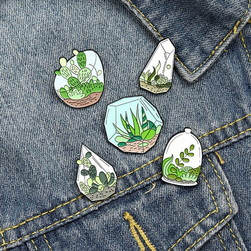 

Potted Plant Enamel Pins Custom Terrarium Cactus Aloe Brooches Bag Clothes Lapel Pin Green Plant Badge Jewelry Gift For Friends