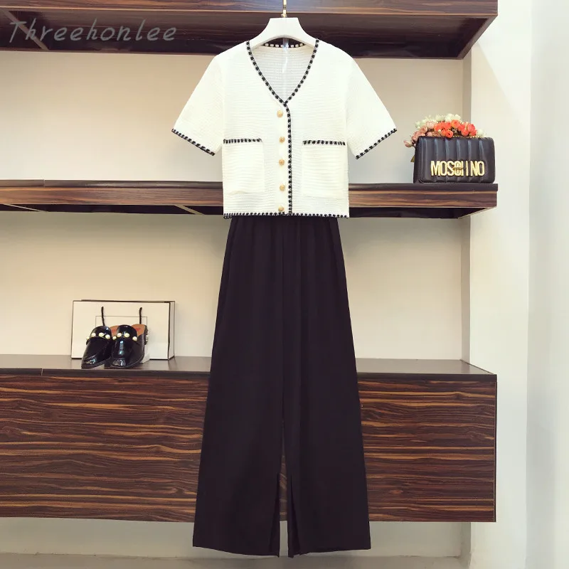 

2021 Spring Summer Plus Size Women Pant Suit Kint Cardigan Top And Wide Leg Pant Two Piece Set Ladies Matching Work Outfit