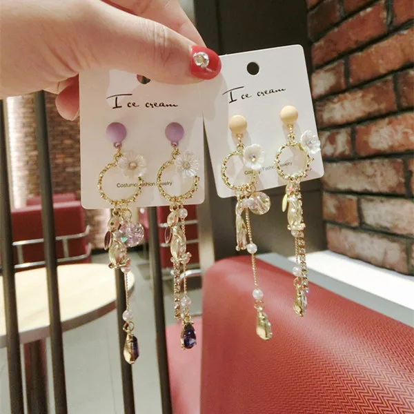 Женские серьги с жемчугом Длинная кисточка из горного хрусталя в виде цветка