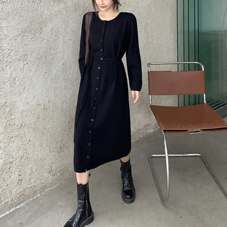 

New 2021 Women's Spring Autumn Dresses Korean Lace Up Buttons Knitted Elegant Solid Oversize Lady Long Dress
