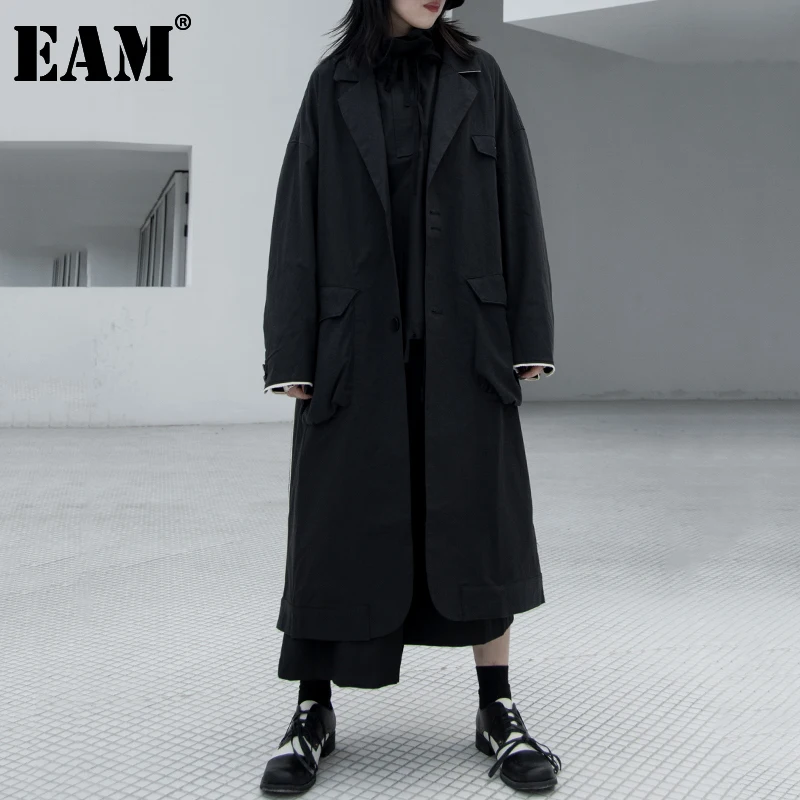 

[EAM] Women Black Split Long Big Size Trench New Lapel Long Sleeve Loose Fit Windbreaker Fashion Tide Spring Autumn 2022 1DA762