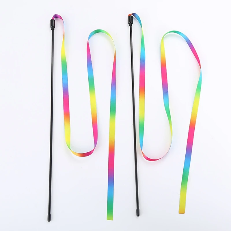

T5EC Stick Funny Cat Toy Rainbow Ribbon Kitten Cartoon Simple Stick Teaser Plastic Interactive Toy Rainbow Ribbon