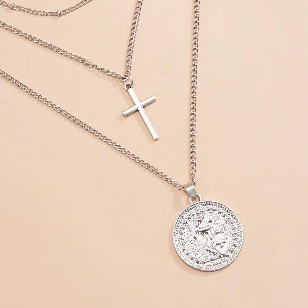 

IngeSight.Z 3Pcs/Set Multi Layered Carved Coin Cross Pendant Necklace Vintage Gold Color Choker Necklace for Women Jewelry Party