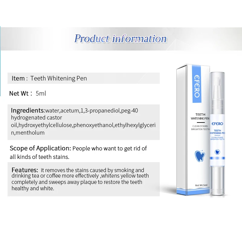 

EFERO White Teeth Whitening Pen Tooth Gel Remove Tea Coffee Smoke Stains Dental Tool Fresh Oral Air Serum Dental Hygiene Pen 5ml