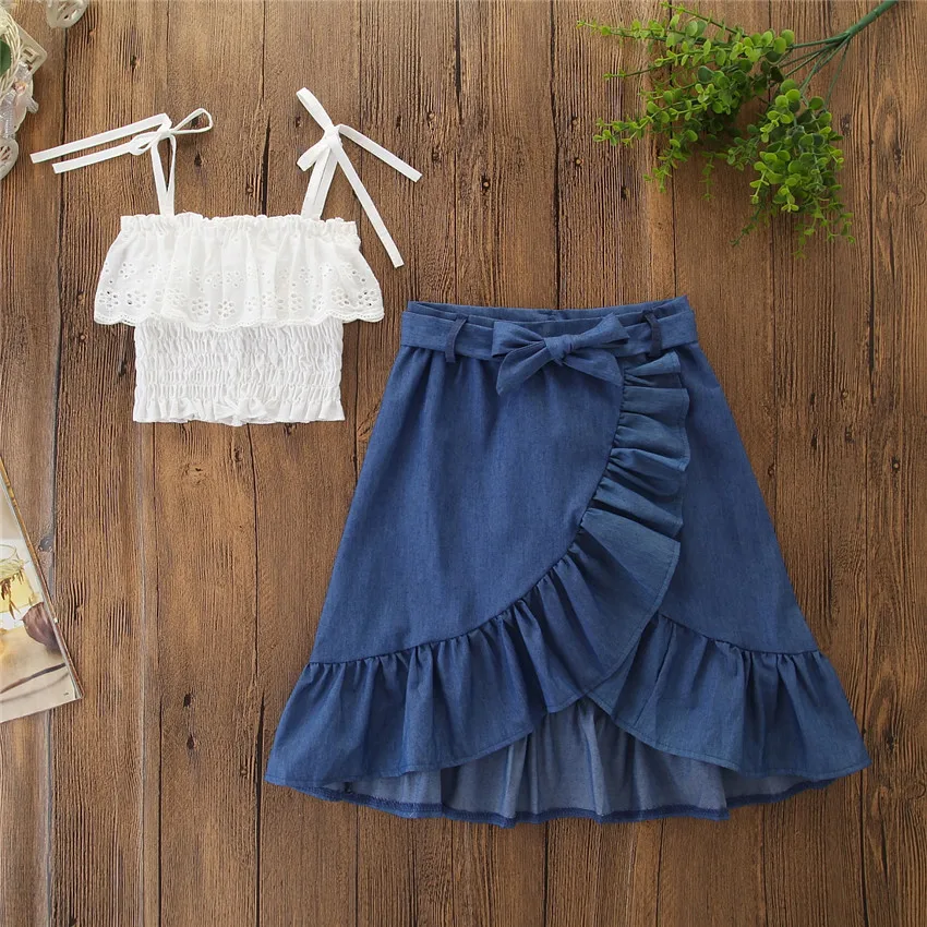 

2PCS Kid Summer Set Strapless Top + Denim Fishtail Skirt Sets Girls Skirt Set Kids Fashion Girls 2020 Summer Baby Girl Clothes