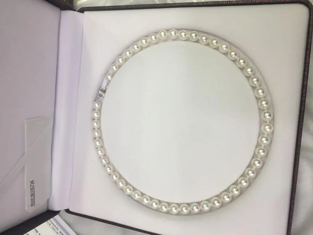 

double strands 8.5-9mm Japanese Akoya round white pearl necklace 18"14k