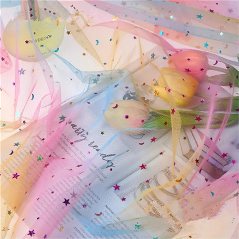 Радужная сетчатая ткань с блестками градиентный цвет сетка пряжа звезды луна