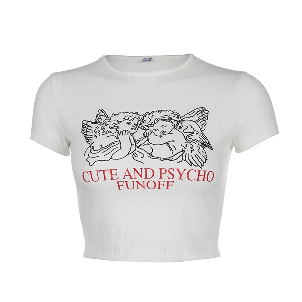 Женская футболка с круглым вырезом короткая и принтом надписью | одежда