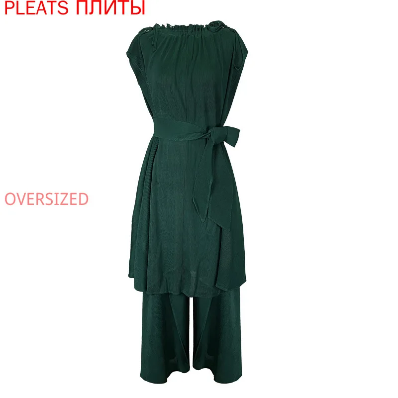 MIYAKE Pleats Spring New Party Lace Up Mid Length Top Loose Trousers Two Piece Set Women's Wide Leg Pants Set