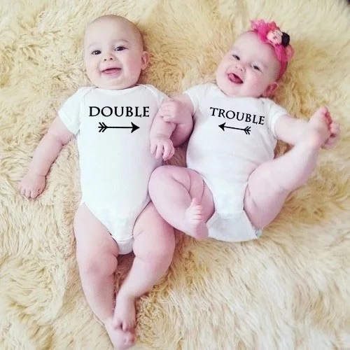 

Double and Trouble Twins Baby Clothe Girls Boys Clothes Bodysuit Cotton Short Sleeve Jumpsuit Twin Baby Clothes Unisex Onesie