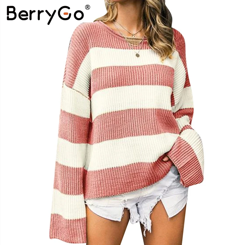 BerryGo Casual striped knitted sweater women O neck thick pullover female jumper Loose soft streetwear wool winter | Женская одежда