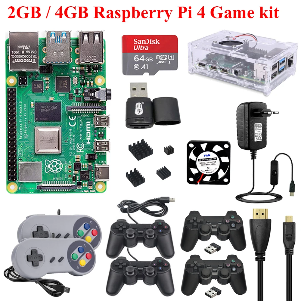 

Оригинальный игровой комплект Raspberry Pi 4 2 ГБ/4 Гб + чехол + источник питания + USB геймпад + SD-карта + теплоотвод Raspberry Pi 4 Модель B 4B
