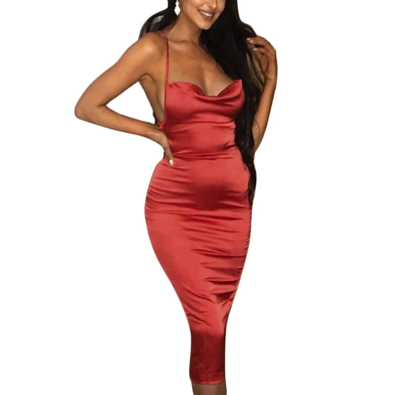 

Women Sexy Halter Bodycon Satin Midi Dress Cross Bandage Backless Party Clubwear