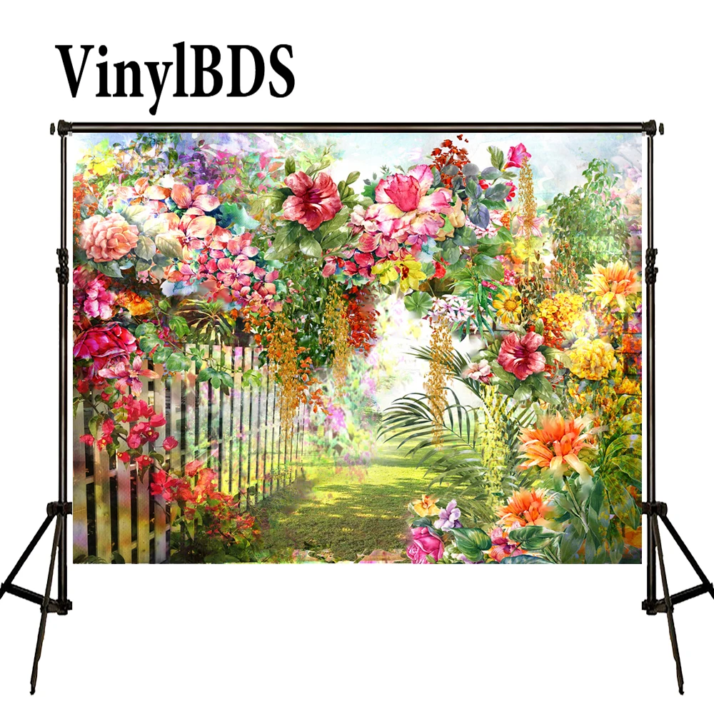 

VinylBDS European Oil Painting Scenery Backdrop Spring Garden Outdoor Wedding Background Flowers Fence Naturism Children Photo