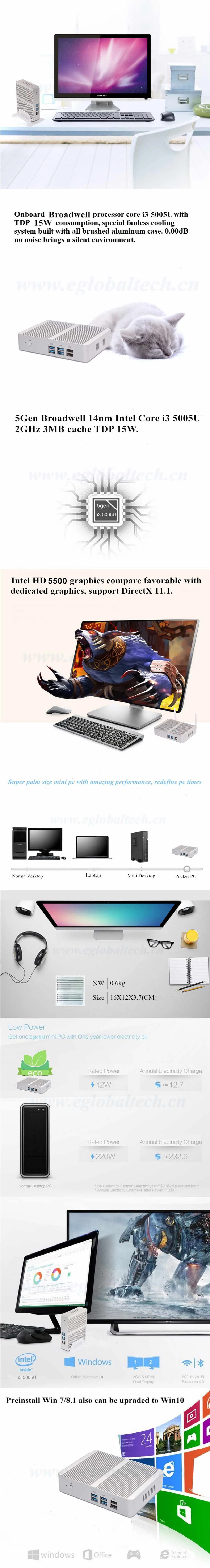 Eglobal M3 Мини ПК Intel Core I3 5005U безвентиляторный Intel HD graphics 5500 двухъядерный Windows 10 компьютер с HTPC WiFi HDMI VGA