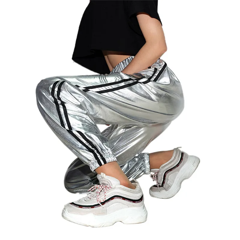 

Women Side-stripe Sport Pants, Adults Casual Style Loose High Waist Trousers (Silver)