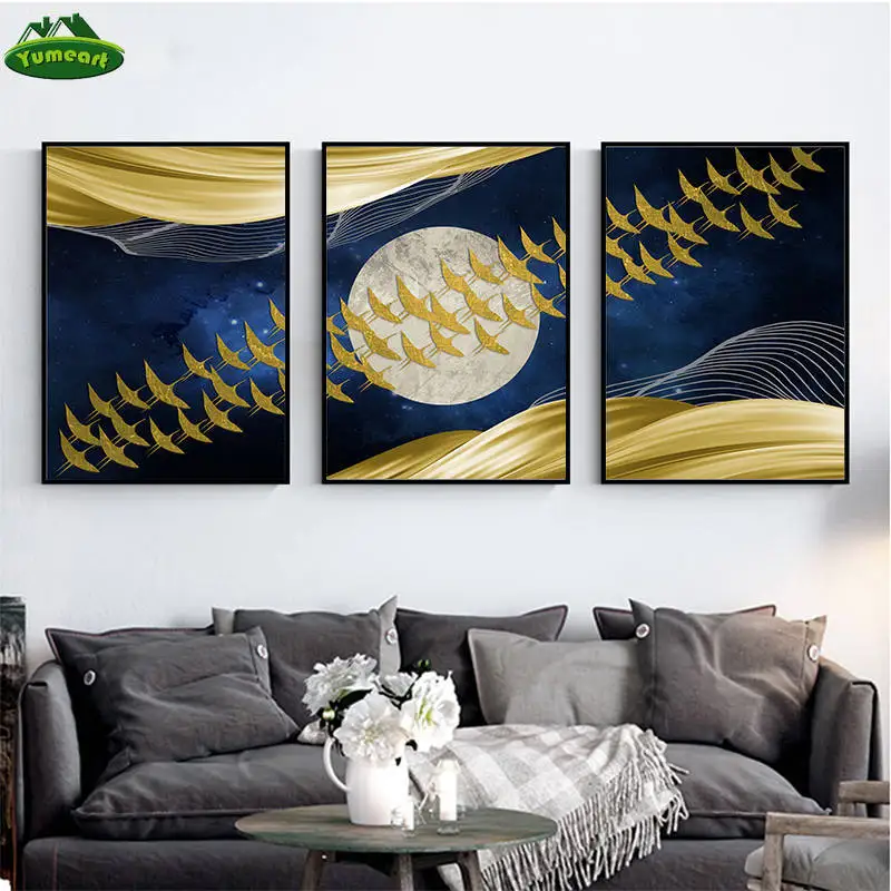 Современная Настенная живопись на холсте с изображением Луны золотые Горные