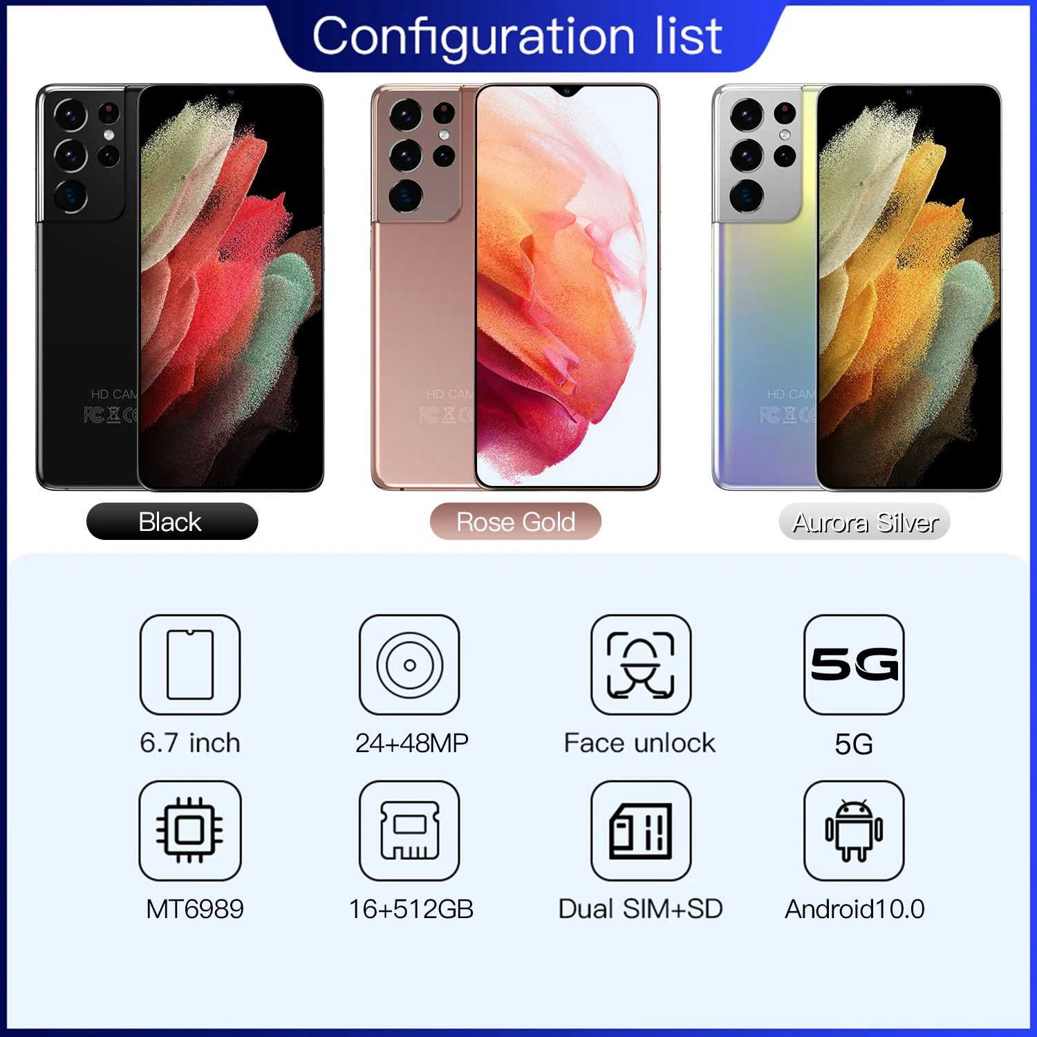 Разблокированный смартфон S21 2022 дюйма 6 7 мАч Android 16 ГБ 6000 24 + 48 Мп | Мобильные