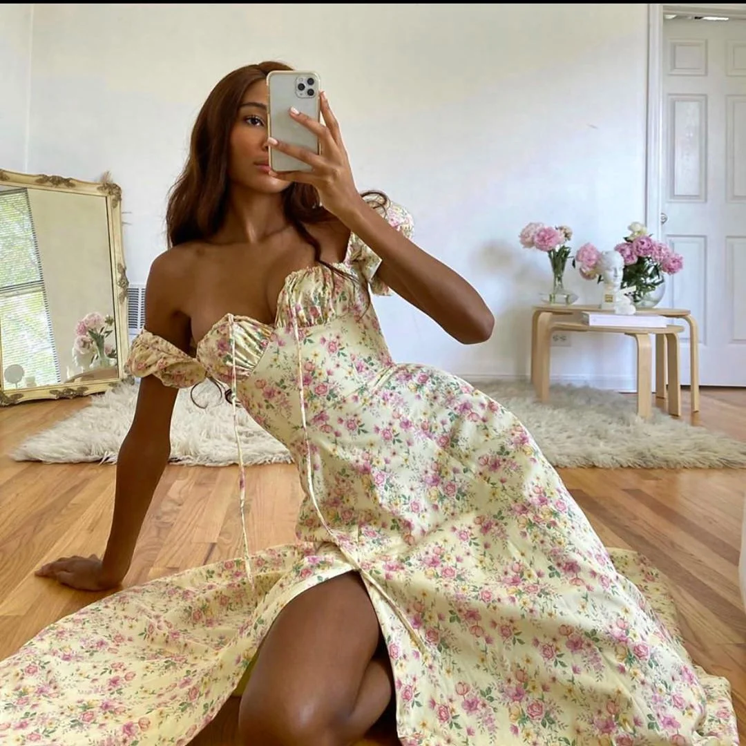 

Women Clothing Summer Sexy Fashion Bubble Sleeve Floral Lace-up High Split Long Dress Korean Elegant