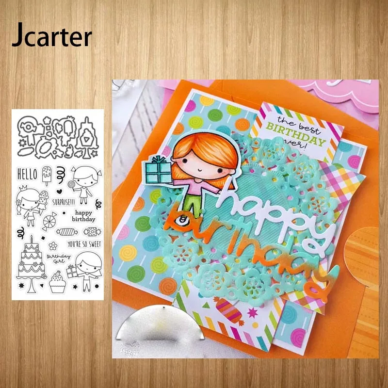 

Girl Dessert Birthday Cake Metal Cutting Dies and Rubber Stamps Letters Scrapbooking DIY Stencil Album Make Template Decor Craft