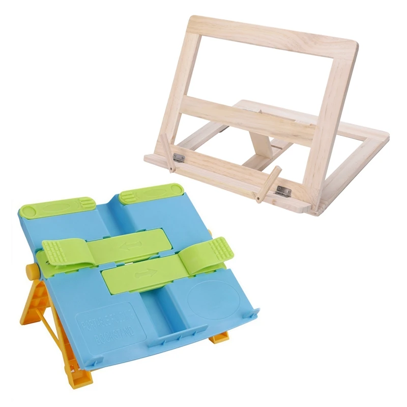 2PCS Wooden Frame Reading Bookshelf Bracket with Multifunctional Portable Folding Bookstand