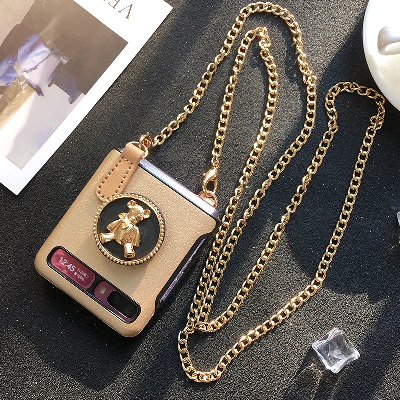 For Samsung Galaxy Z Flip 4G 4 3 Flip4 Flip3 5G Luxury Bear Stand Bracket Cossbody Long Metal Chain Gold Leather Case Cover