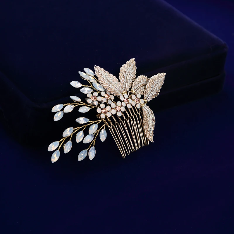 Европейские Стразы ручной работы гребни для волос с золотыми листьями свадебные