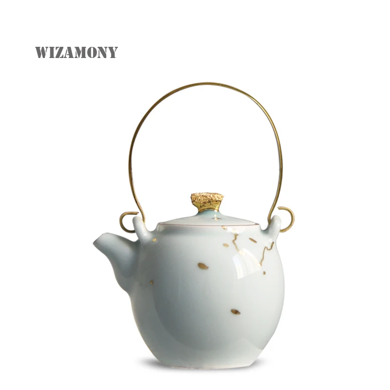 

WIZAMONY Authentic Golden Copper Handle Teapot Celadon Zisha Ceramics Arts Kungfu tea set China Teapot Porcelain Antique Teapot