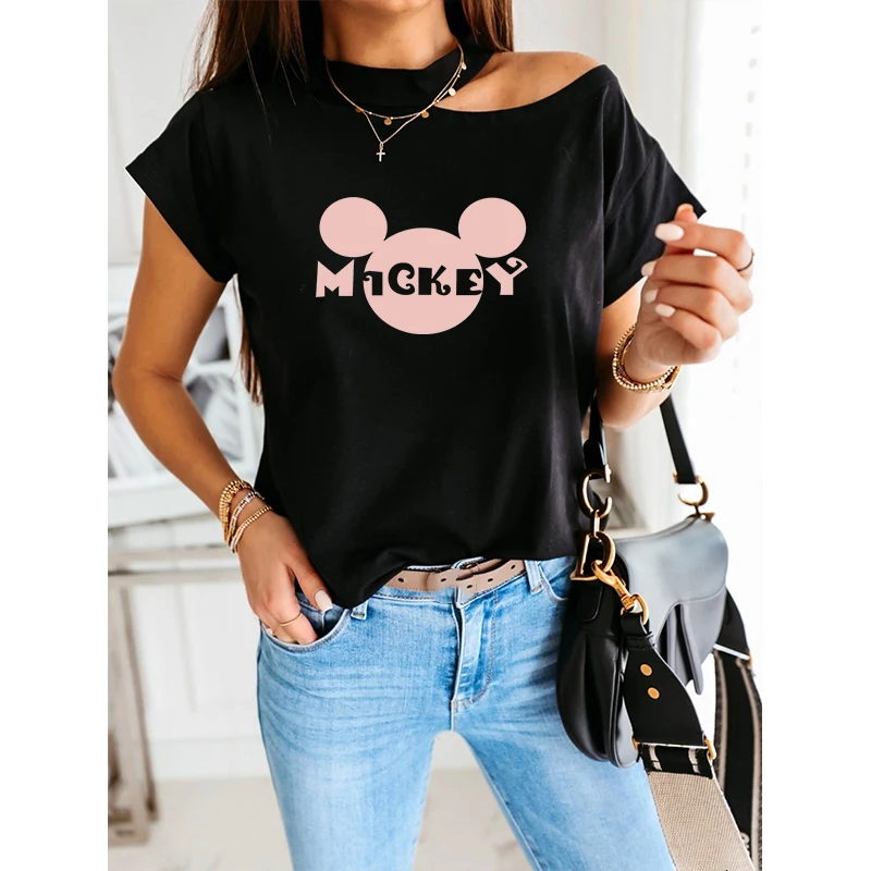 

Disney Woman Sexy Tshirts Tops Casual Micky T Shirt Summer Off Shoulder Kawaii Short Sleeve Halter Purple Tee Shirts Robes 2021