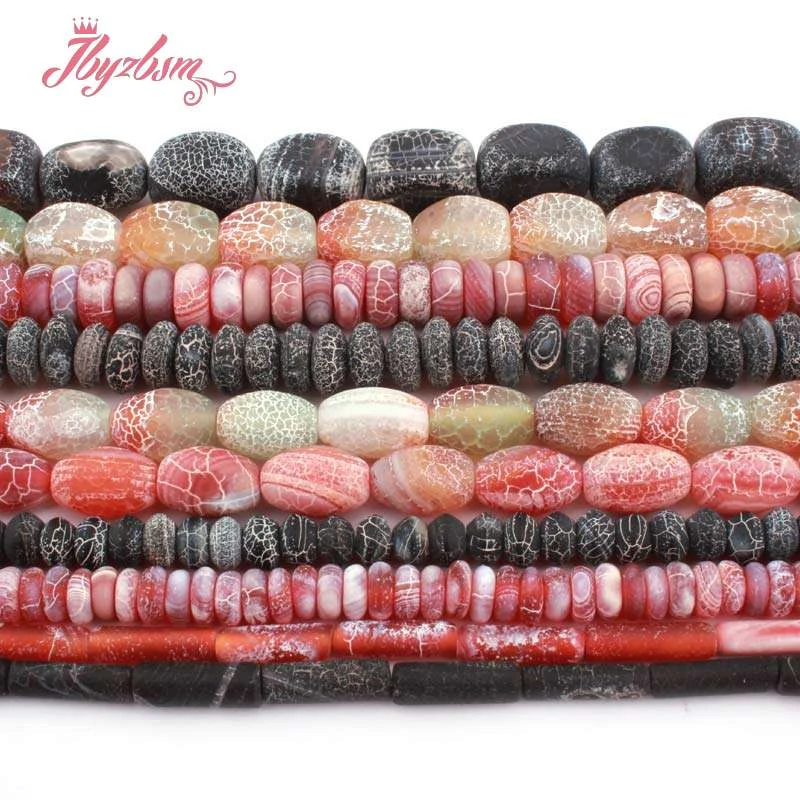 

Rondelle Tube Olivary Frost Cracked Red Black Agates Natural Stone Loose Bead For DIY Women Necklace Bracelet Jewelry Making 15"