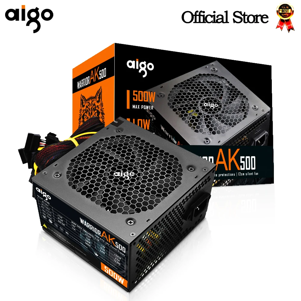 Блок питания Aigo AK 500 Вт для ПК, блок питания 80plus, черный тихий игровой Вентилятор 120 мм rgb, 24 контакта, 12 В, ATX, блок питания для настольного компьютера, BTC - изображение