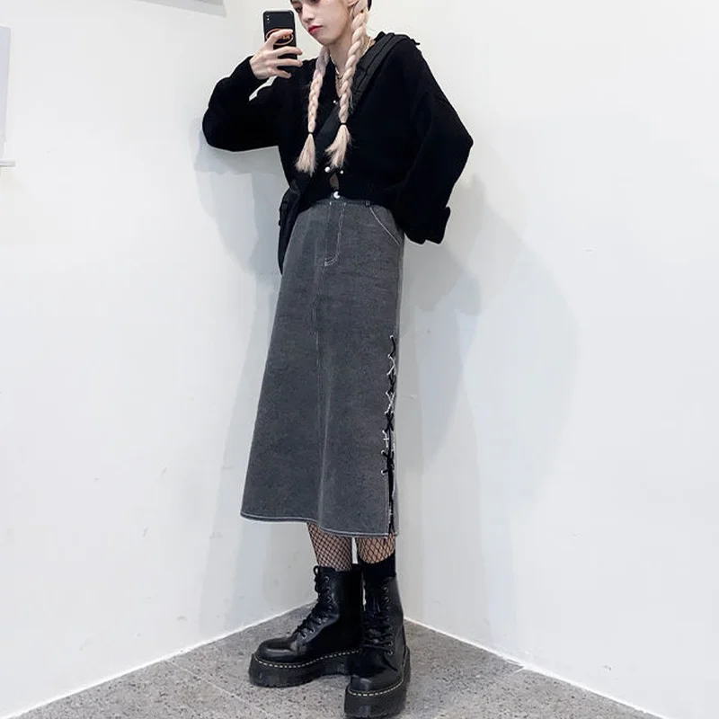 

Women Denim Skirts Solid Mid-calf Side-slit Bandage Designed Fashionable Hipsters Vintage Students Casual All-match Sweet Hot