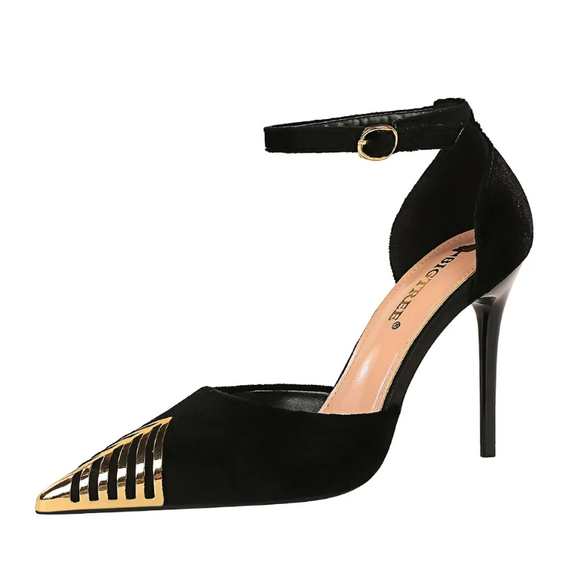 

European and American Sexy Nightclub Thin Heel High Heel Suede Shallow Hollow Metal Pointed One Line Sandals
