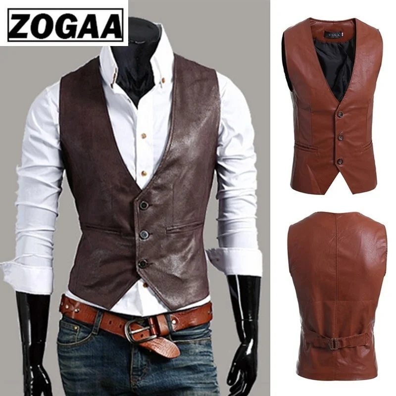 ZOGAA мужской тонкий жилет куртка без рукавов повседневные кожаные жилеты из