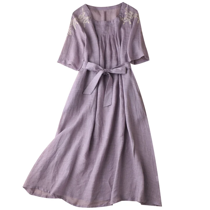 

SHUCHAN Cotton Ramie Women Dresses Summer 2021 Embroidery Prairie Chic Ankle-Length Regular Square Collar Summer