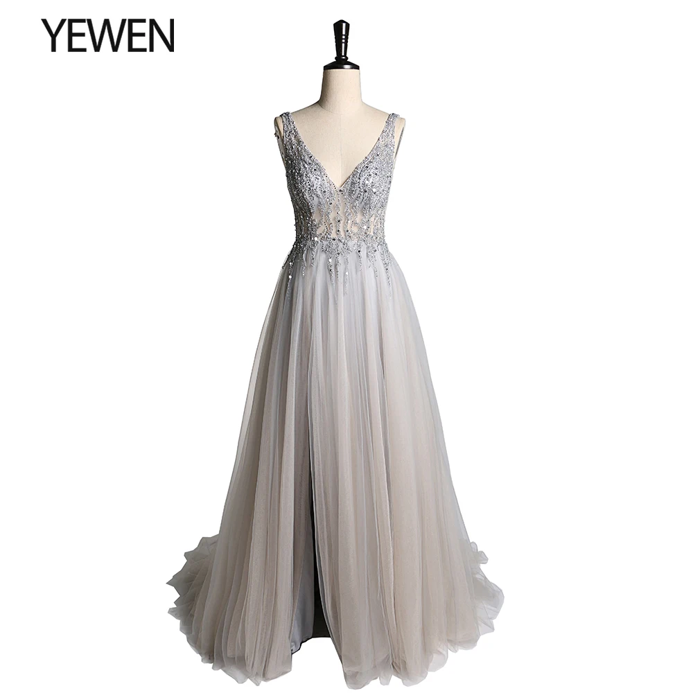 YeWen Серый V образным вырезом Праздничное платье вечерние платья с украшением в