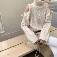 woman sweater winter off the shoulder turtleneck cable knit sweater pullover sensuality big wide sleeves joint loose version