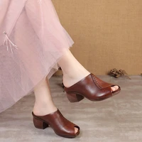 original design women sandals 2021fashion summer mid heelspeep toe slippers shoesmicrofiber leatherblackbrowndropshipping
