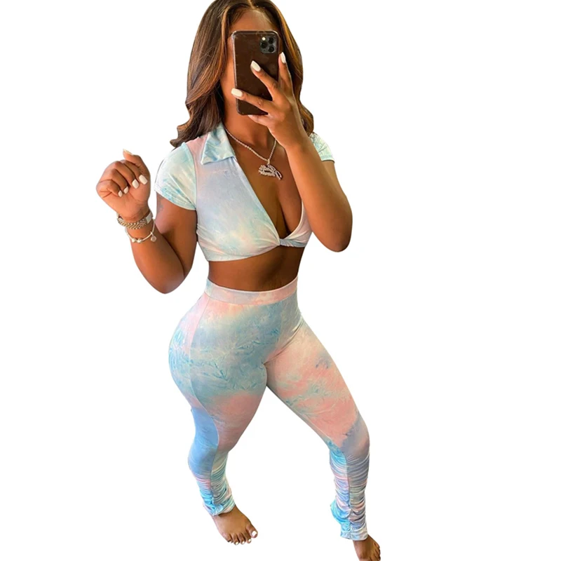 

Спортивная одежда, повседневный спортивный костюм, женский комплект из 2 предметов, облегающий летний костюм с принтом тай-дай, укороченный топ и узкие штаны