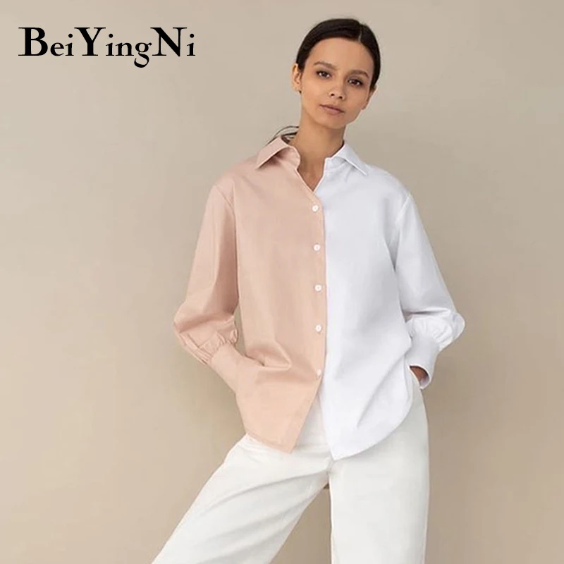 

Beiyingni 2021 Весна Осень Женские рубашки белые розовые Лоскутные большие блузки и топы женские милые повседневные блузки на пуговицах